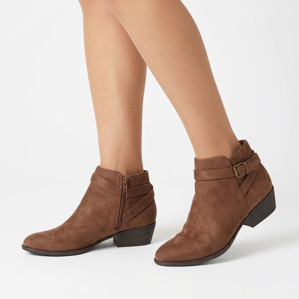 Voss Womens Brown Faux Suede Ankle Booties Side Zip Buckle Strap Size 10